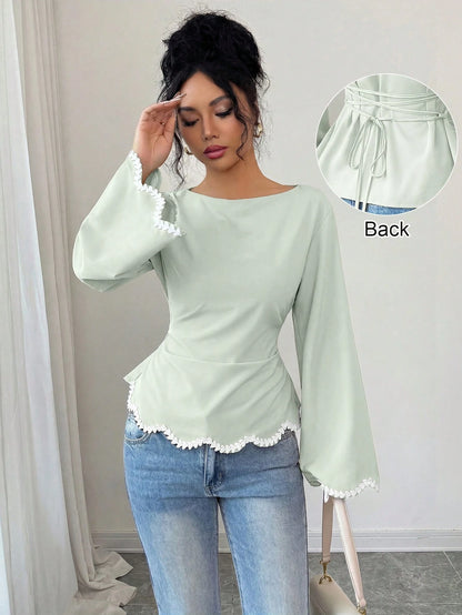 Elenzga 1pc Women's Spring/Summer Wavy Heart Woven Trim Ruched Waist Blouse