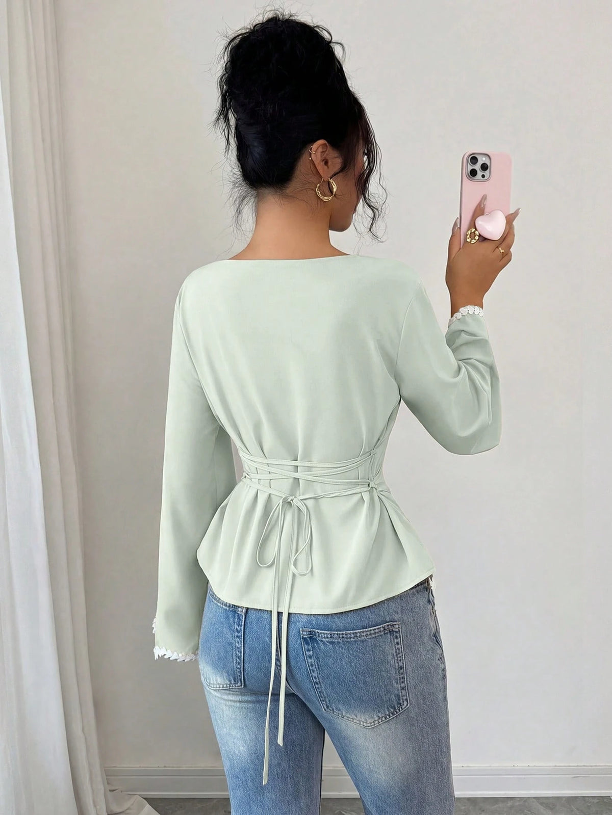 Elenzga 1pc Women's Spring/Summer Wavy Heart Woven Trim Ruched Waist Blouse