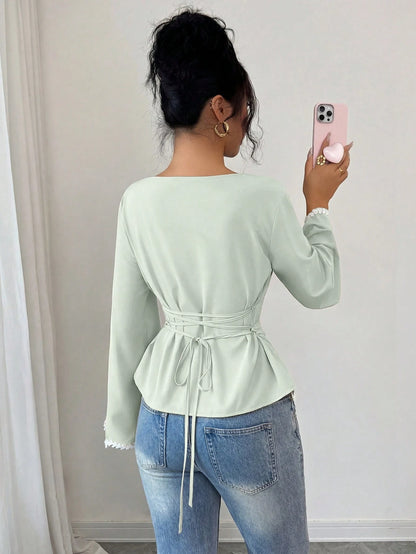 Elenzga 1pc Women's Spring/Summer Wavy Heart Woven Trim Ruched Waist Blouse
