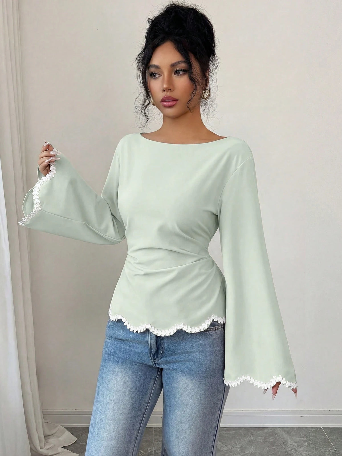 Elenzga 1pc Women's Spring/Summer Wavy Heart Woven Trim Ruched Waist Blouse