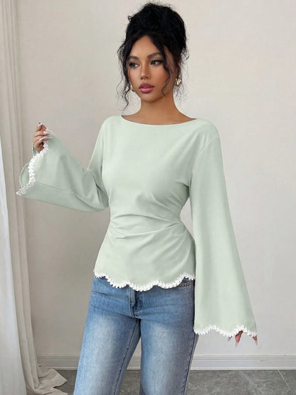 Elenzga 1pc Women's Spring/Summer Wavy Heart Woven Trim Ruched Waist Blouse