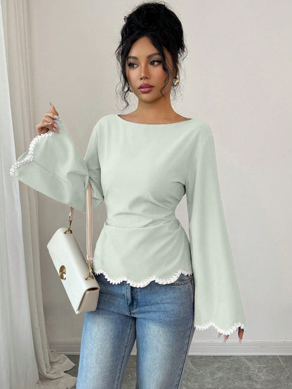Elenzga 1pc Women's Spring/Summer Wavy Heart Woven Trim Ruched Waist Blouse