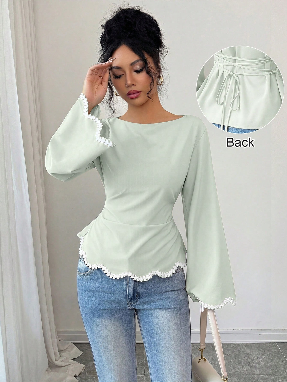 Elenzga 1pc Women's Spring/Summer Wavy Heart Woven Trim Ruched Waist Blouse