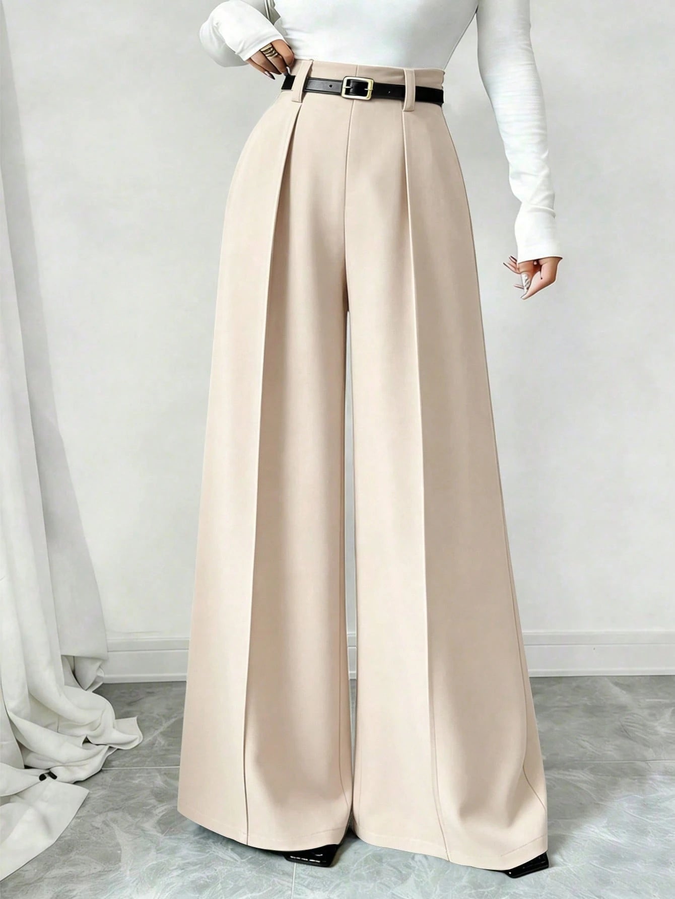 Elenzga Beige,Winter,Elegant,Office 2026 New Retro High Waist Wide Leg Pants,Women's Draping Loose Straight Leg Trousers,Commuting & Casual Fashion Versatile