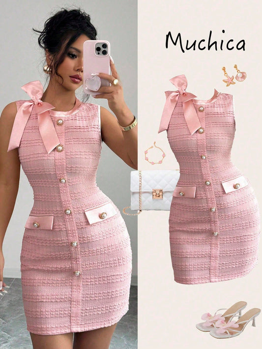 Elenzga Bow Knit Fabric Metallic Pearl Button Elegant French Satin Front Back Elastic Fitted Mini Dress, Spring Summer Early Autumn Pink Search Office