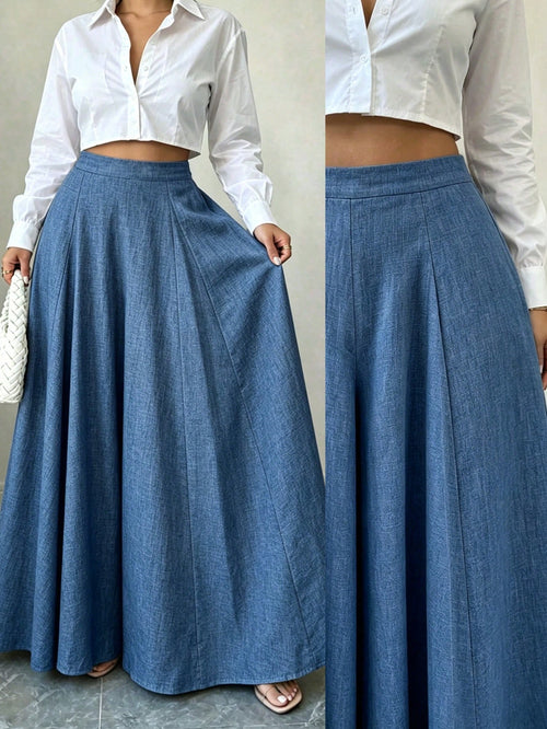 Elenzga Elegant Haze Blue Mid-Waist Wide Leg Pants, Draped Slimming Commuter Versatile Loose Pleated Casual Suit Trousers For Women