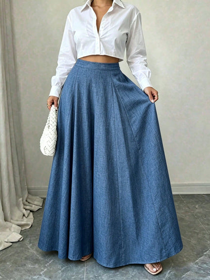 Elenzga Elegant Haze Blue Mid-Waist Wide Leg Pants, Draped Slimming Commuter Versatile Loose Pleated Casual Suit Trousers For Women