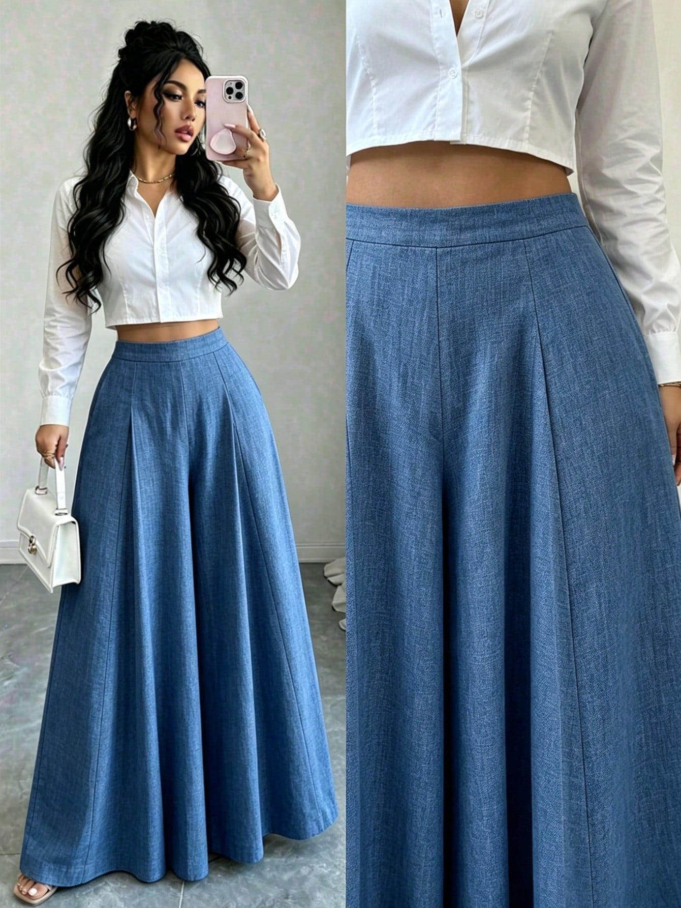 Elenzga Elegant Haze Blue Mid-Waist Wide Leg Pants, Draped Slimming Commuter Versatile Loose Pleated Casual Suit Trousers For Women