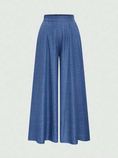 Elenzga Elegant Haze Blue Mid-Waist Wide Leg Pants, Draped Slimming Commuter Versatile Loose Pleated Casual Suit Trousers For Women