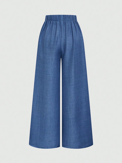 Elenzga Elegant Haze Blue Mid-Waist Wide Leg Pants, Draped Slimming Commuter Versatile Loose Pleated Casual Suit Trousers For Women