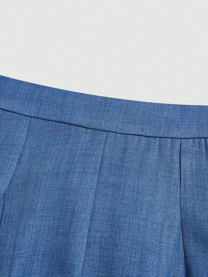 Elenzga Elegant Haze Blue Mid-Waist Wide Leg Pants, Draped Slimming Commuter Versatile Loose Pleated Casual Suit Trousers For Women