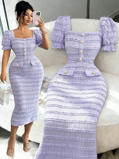Elenzga New Arrival Square Neck Short Sleeve Textured Knit Midi Dress, Elegant Versatile Fitted Silhouette For Women