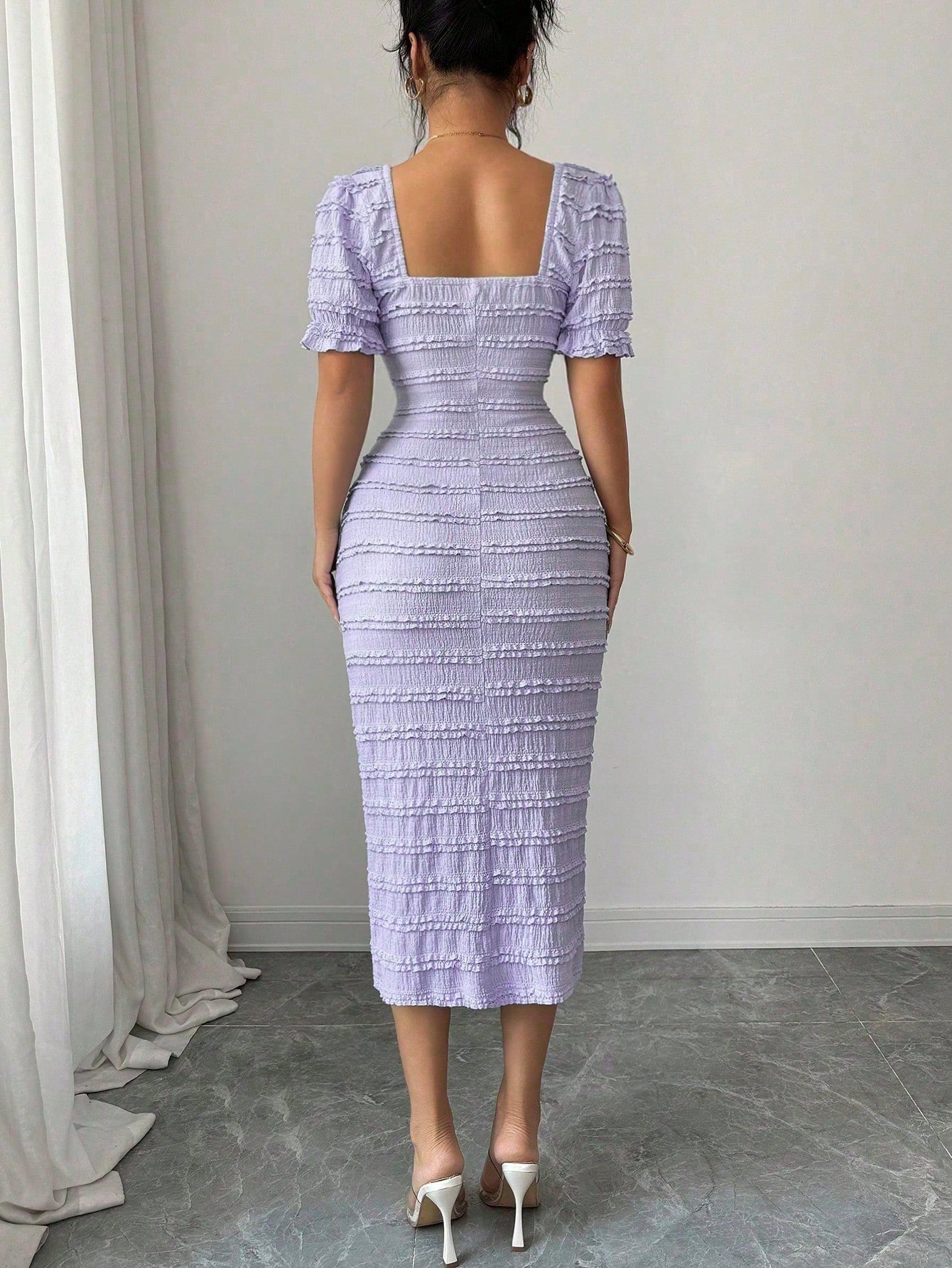 Elenzga New Arrival Square Neck Short Sleeve Textured Knit Midi Dress, Elegant Versatile Fitted Silhouette For Women