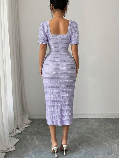 Elenzga New Arrival Square Neck Short Sleeve Textured Knit Midi Dress, Elegant Versatile Fitted Silhouette For Women