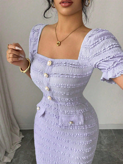 Elenzga New Arrival Square Neck Short Sleeve Textured Knit Midi Dress, Elegant Versatile Fitted Silhouette For Women