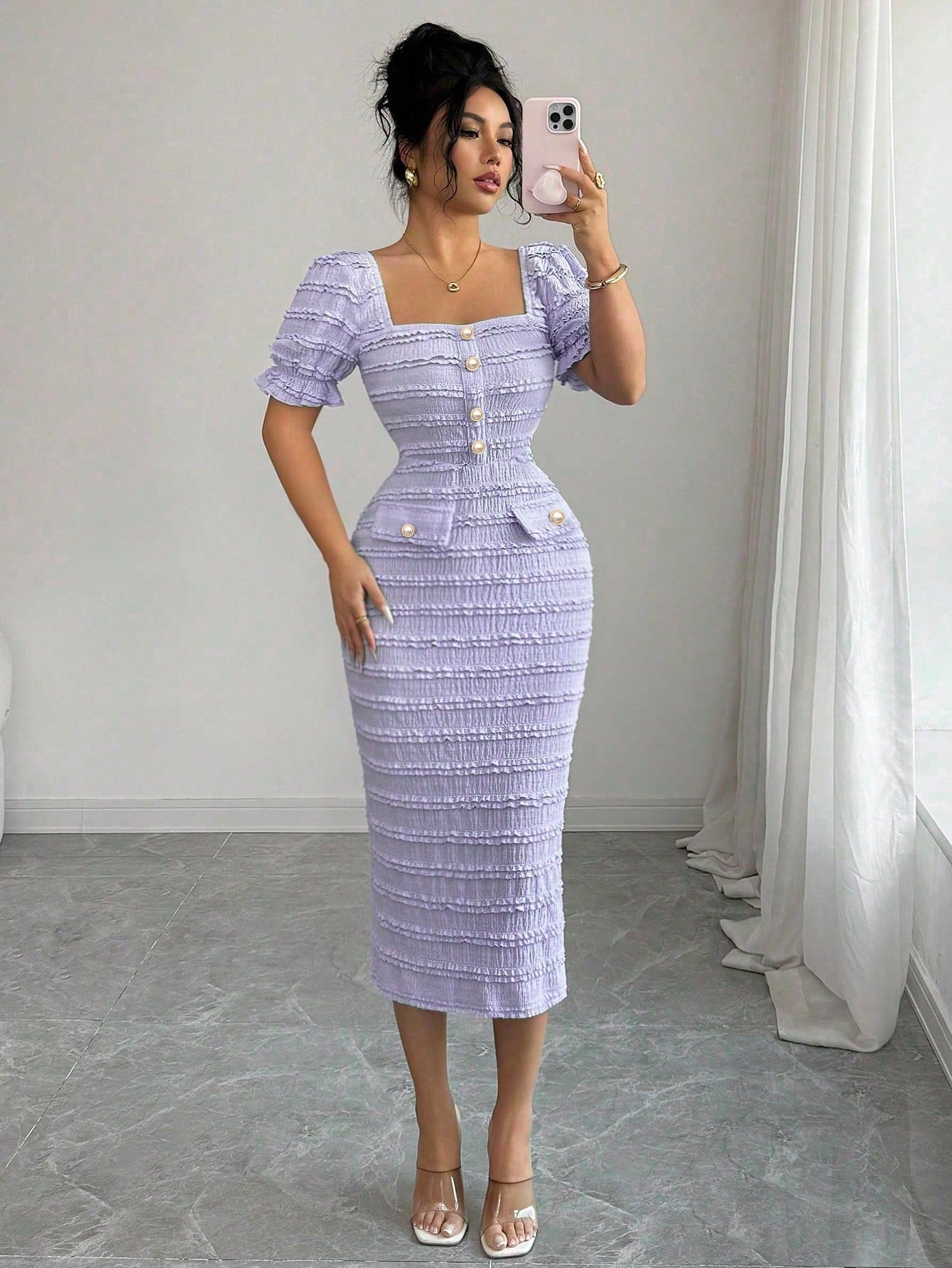 Elenzga New Arrival Square Neck Short Sleeve Textured Knit Midi Dress, Elegant Versatile Fitted Silhouette For Women