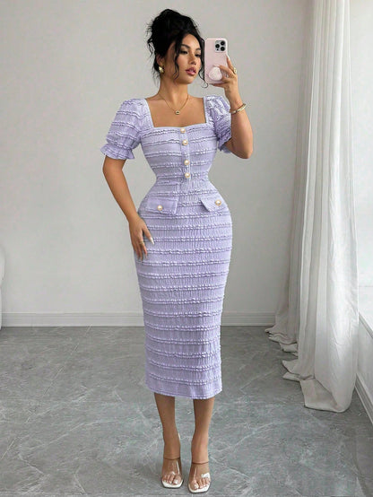 Elenzga New Arrival Square Neck Short Sleeve Textured Knit Midi Dress, Elegant Versatile Fitted Silhouette For Women