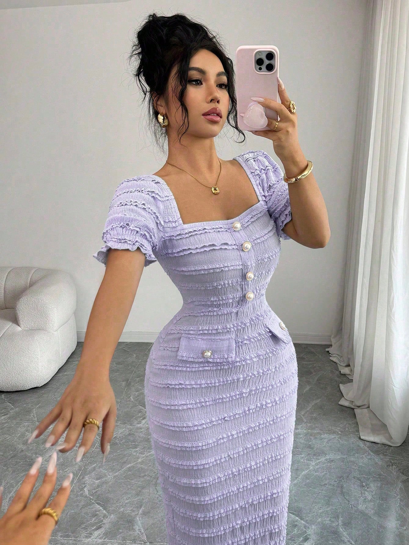 Elenzga New Arrival Square Neck Short Sleeve Textured Knit Midi Dress, Elegant Versatile Fitted Silhouette For Women