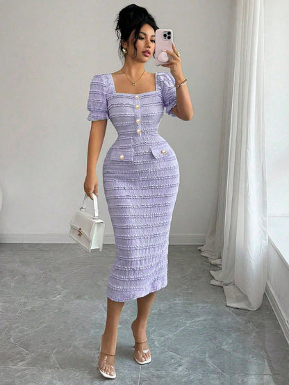 Elenzga New Arrival Square Neck Short Sleeve Textured Knit Midi Dress, Elegant Versatile Fitted Silhouette For Women