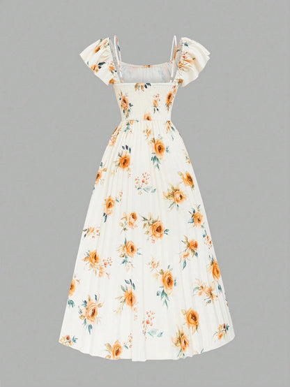 Elenzga New Design Cap Sleeve Collar 2-Way Wear Elegant Waist Pleated Midi Dress, Versatile For Vacation And Daily Wear