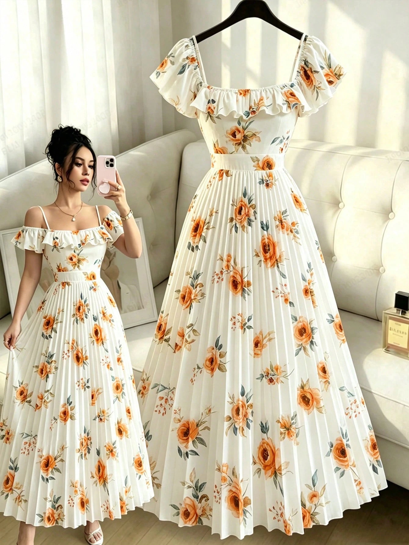 Elenzga New Design Cap Sleeve Collar 2-Way Wear Elegant Waist Pleated Midi Dress, Versatile For Vacation And Daily Wear