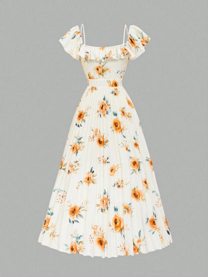 Elenzga New Design Cap Sleeve Collar 2-Way Wear Elegant Waist Pleated Midi Dress, Versatile For Vacation And Daily Wear