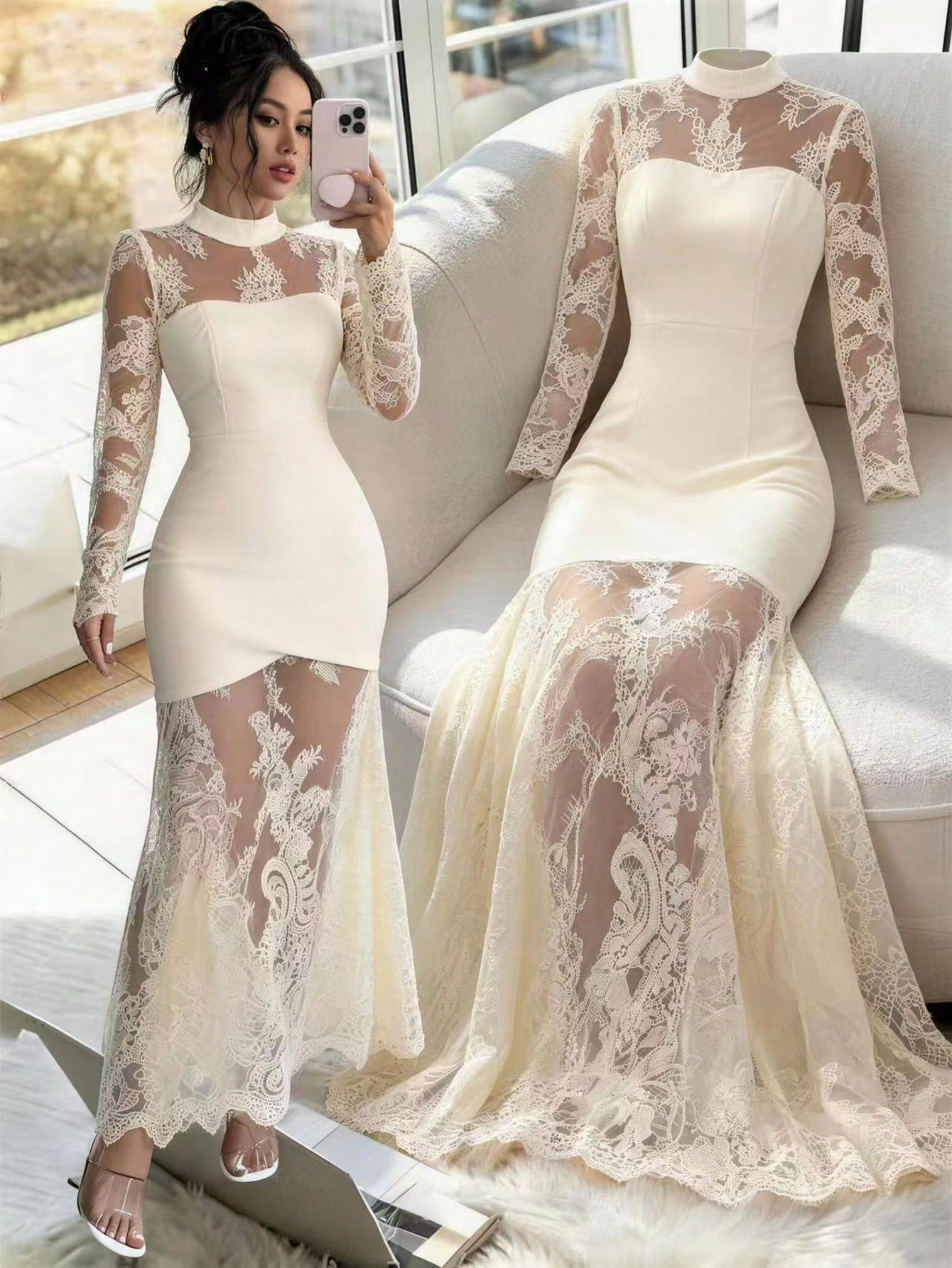 Elenzga New Elegant Sexy Lace Hollow-Out Long Sleeve Dress, Waist Cinched Bodycon Fit High-End Quality Stretchy Mermaid Hem Evening Gown