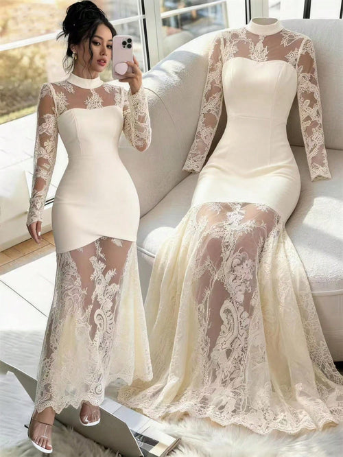 Elenzga New Elegant Sexy Lace Hollow-Out Long Sleeve Dress, Waist Cinched Bodycon Fit High-End Quality Stretchy Mermaid Hem Evening Gown