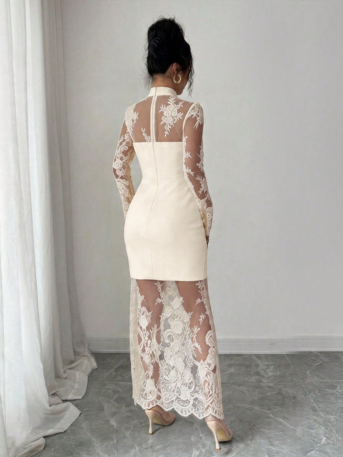 Elenzga New Elegant Sexy Lace Hollow-Out Long Sleeve Dress, Waist Cinched Bodycon Fit High-End Quality Stretchy Mermaid Hem Evening Gown