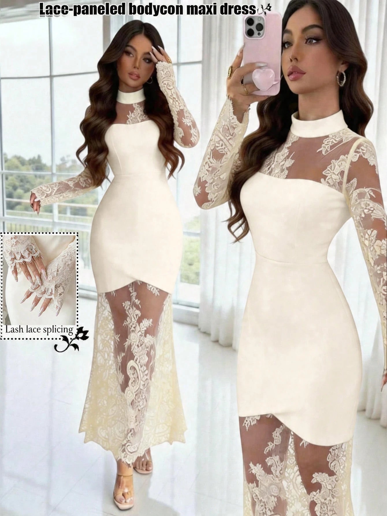 Elenzga New Elegant Sexy Lace Hollow-Out Long Sleeve Dress, Waist Cinched Bodycon Fit High-End Quality Stretchy Mermaid Hem Evening Gown