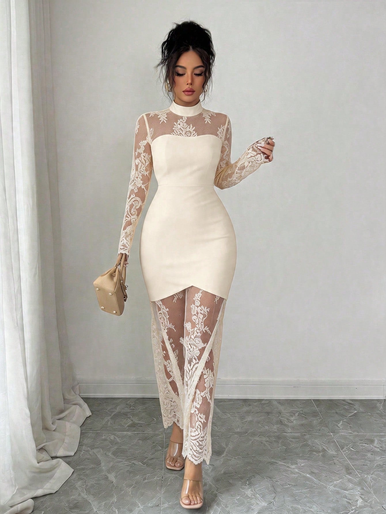 Elenzga New Elegant Sexy Lace Hollow-Out Long Sleeve Dress, Waist Cinched Bodycon Fit High-End Quality Stretchy Mermaid Hem Evening Gown