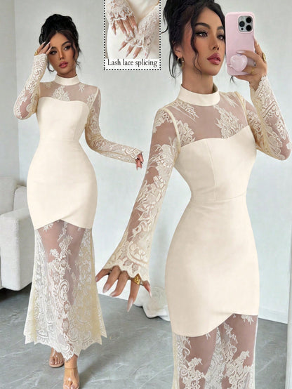 Elenzga New Elegant Sexy Lace Hollow-Out Long Sleeve Dress, Waist Cinched Bodycon Fit High-End Quality Stretchy Mermaid Hem Evening Gown