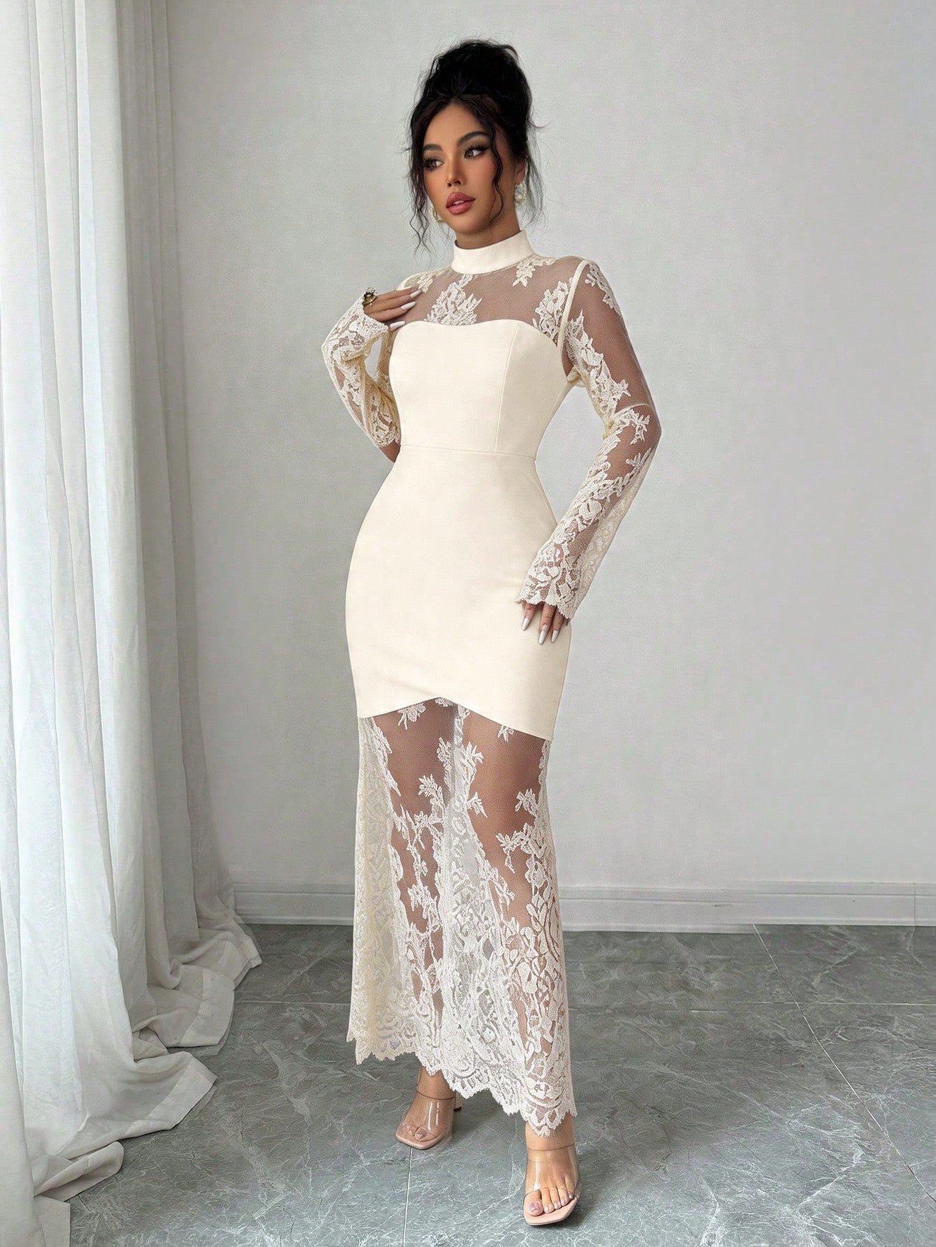 Elenzga New Elegant Sexy Lace Hollow-Out Long Sleeve Dress, Waist Cinched Bodycon Fit High-End Quality Stretchy Mermaid Hem Evening Gown