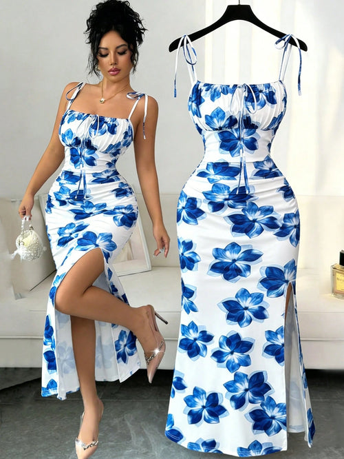 Elenzga New Women's Spaghetti Strap Tie Bow Waist Ruched Hem Slit Design Dress, Versatile For Dates, Parties, Daily Wear, Flattering & Elegant