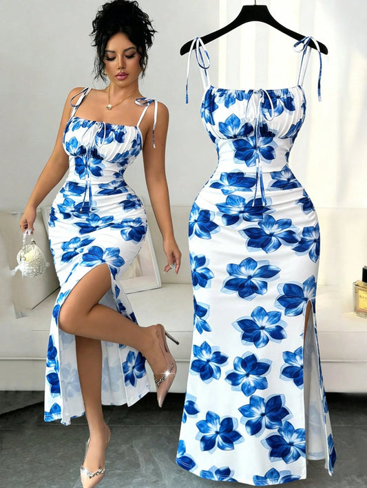 Elenzga New Women's Spaghetti Strap Tie Bow Waist Ruched Hem Slit Design Dress, Versatile For Dates, Parties, Daily Wear, Flattering & Elegant