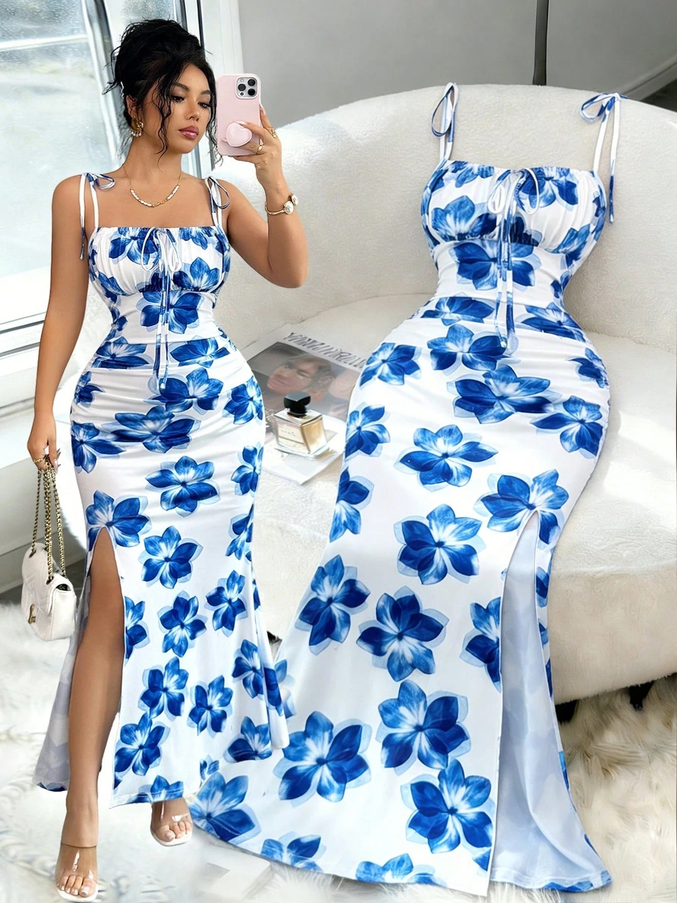 Elenzga New Women's Spaghetti Strap Tie Bow Waist Ruched Hem Slit Design Dress, Versatile For Dates, Parties, Daily Wear, Flattering & Elegant