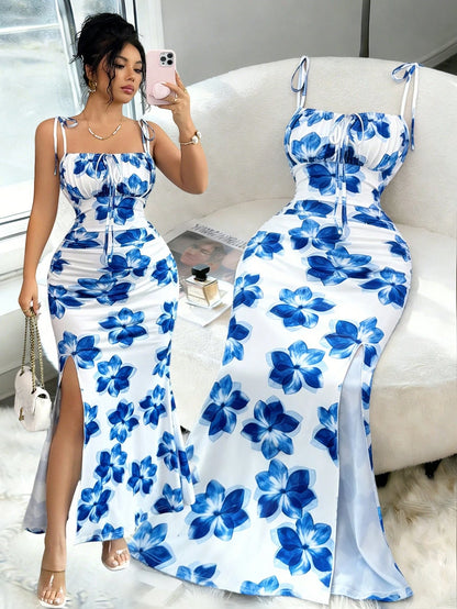 Elenzga New Women's Spaghetti Strap Tie Bow Waist Ruched Hem Slit Design Dress, Versatile For Dates, Parties, Daily Wear, Flattering & Elegant