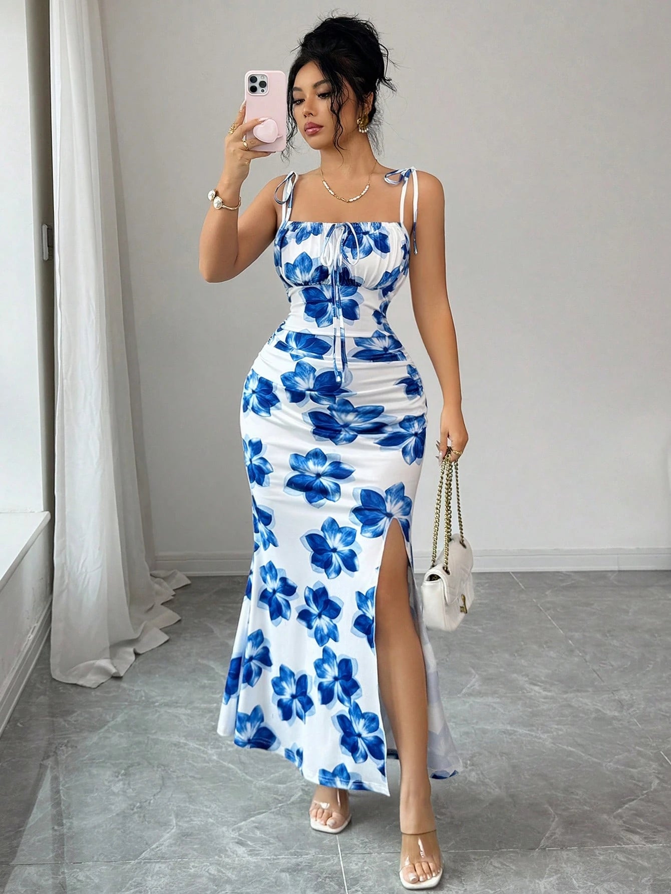Elenzga New Women's Spaghetti Strap Tie Bow Waist Ruched Hem Slit Design Dress, Versatile For Dates, Parties, Daily Wear, Flattering & Elegant