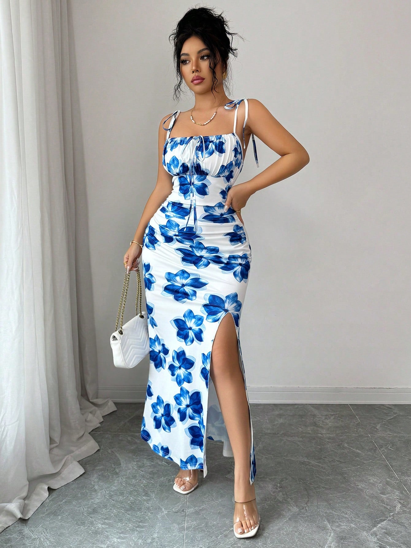 Elenzga New Women's Spaghetti Strap Tie Bow Waist Ruched Hem Slit Design Dress, Versatile For Dates, Parties, Daily Wear, Flattering & Elegant