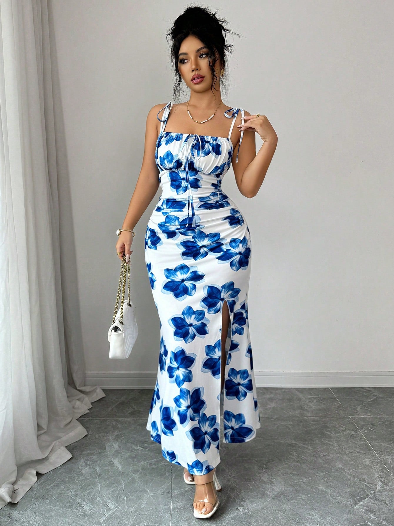 Elenzga New Women's Spaghetti Strap Tie Bow Waist Ruched Hem Slit Design Dress, Versatile For Dates, Parties, Daily Wear, Flattering & Elegant