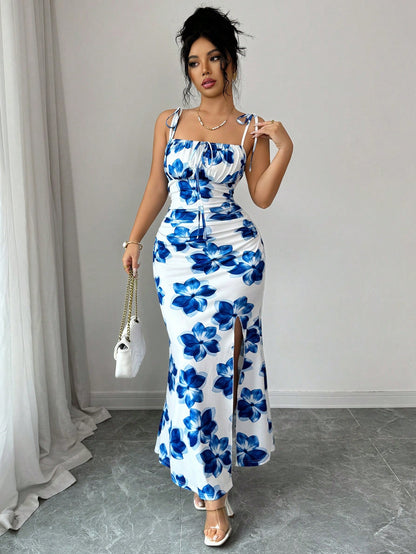 Elenzga New Women's Spaghetti Strap Tie Bow Waist Ruched Hem Slit Design Dress, Versatile For Dates, Parties, Daily Wear, Flattering & Elegant