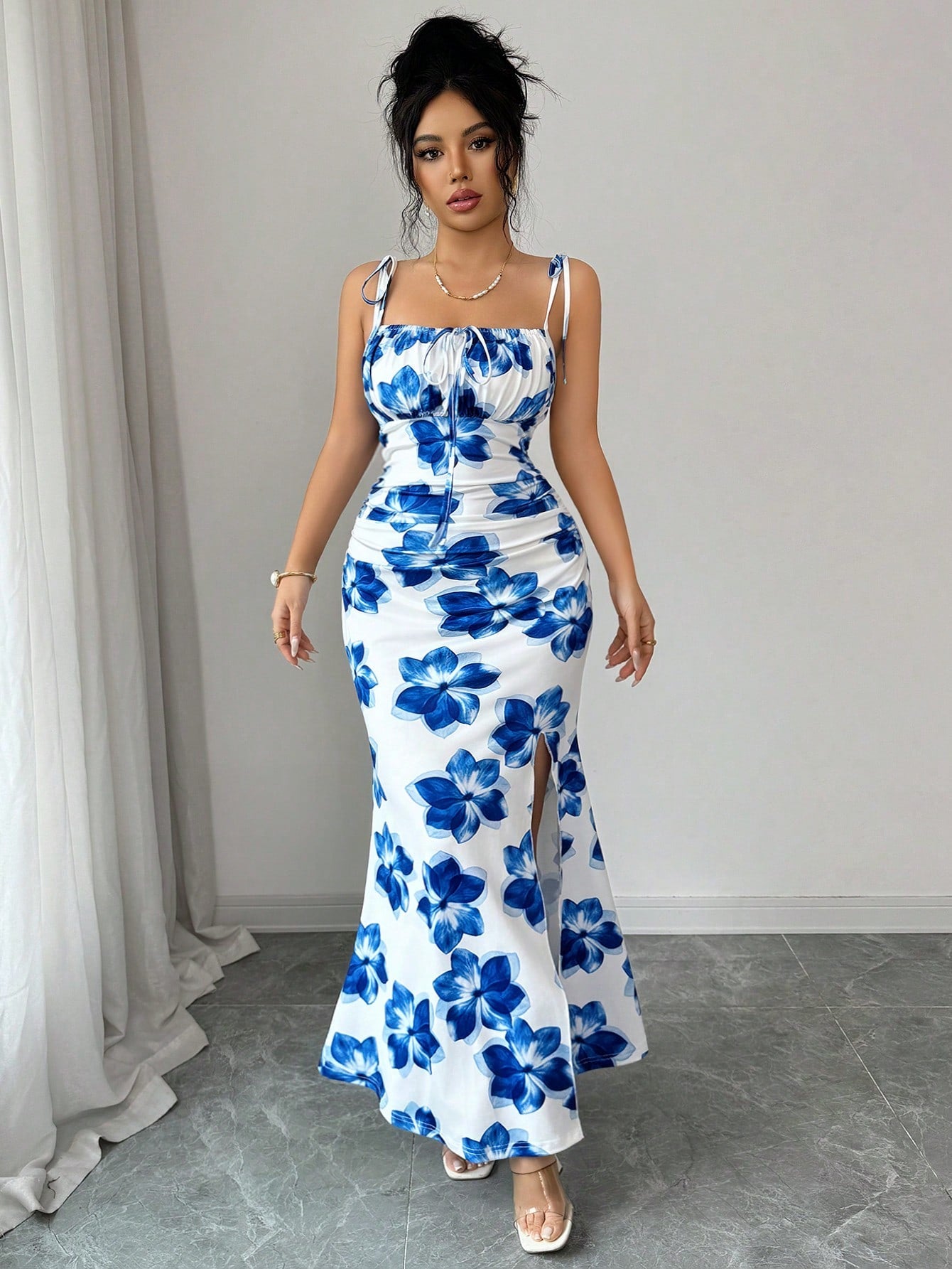 Elenzga New Women's Spaghetti Strap Tie Bow Waist Ruched Hem Slit Design Dress, Versatile For Dates, Parties, Daily Wear, Flattering & Elegant