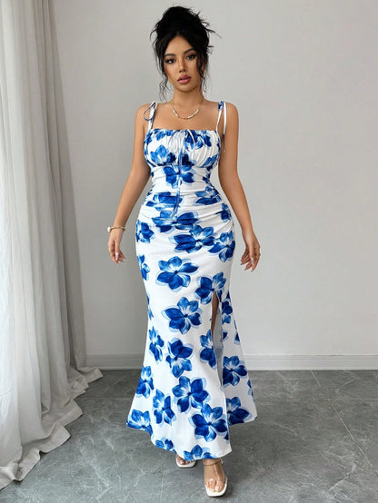 Elenzga New Women's Spaghetti Strap Tie Bow Waist Ruched Hem Slit Design Dress, Versatile For Dates, Parties, Daily Wear, Flattering & Elegant