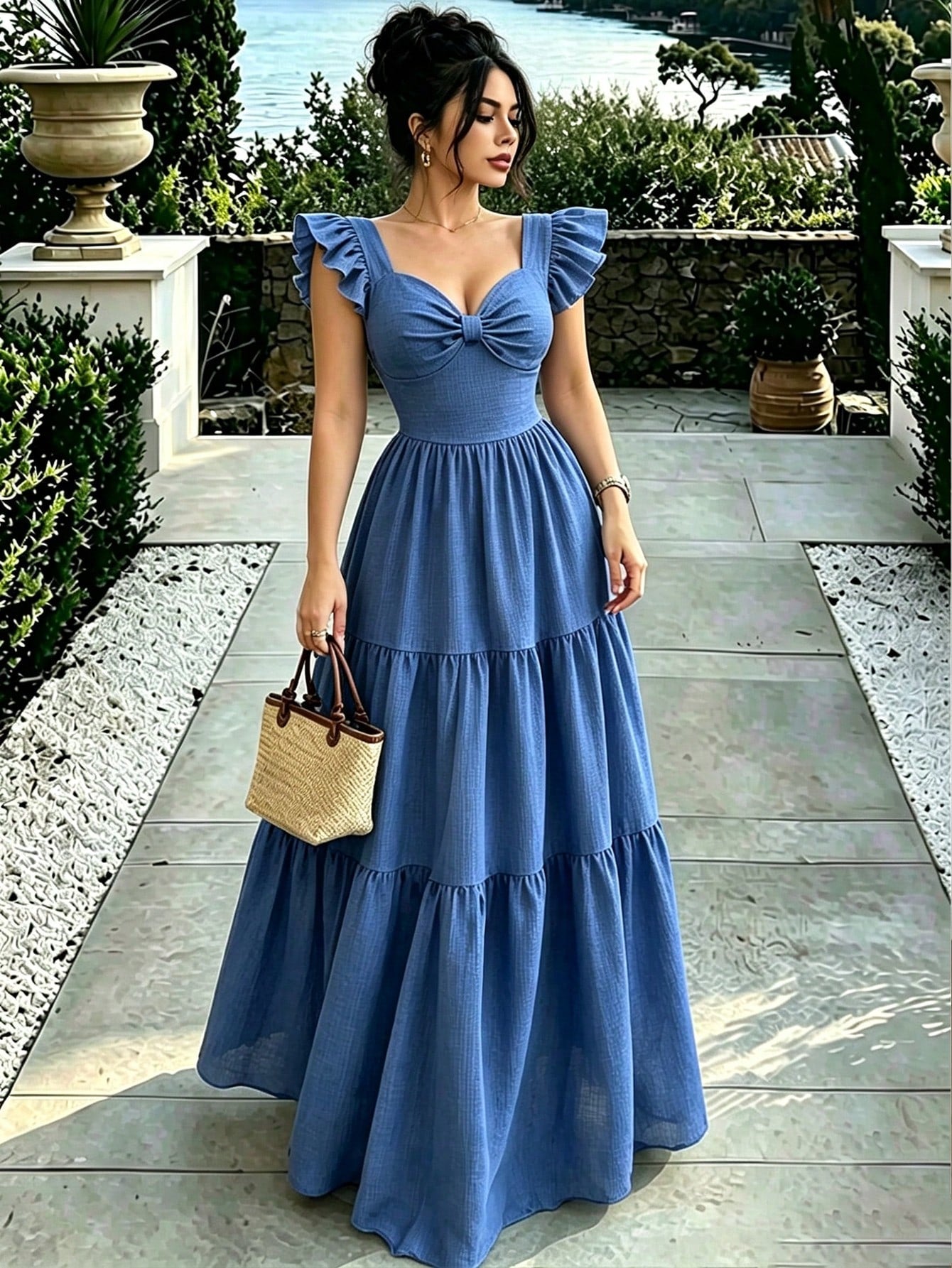 Elenzga New Woven Bamboo Linen Solid Color Cap Sleeve Elegant Vacation Spring Summer Back Tie Design Youthful Casual Women's Mid-Length Dress