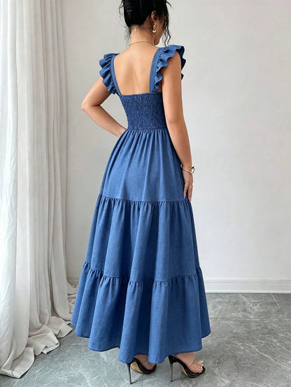 Elenzga New Woven Bamboo Linen Solid Color Cap Sleeve Elegant Vacation Spring Summer Back Tie Design Youthful Casual Women's Mid-Length Dress