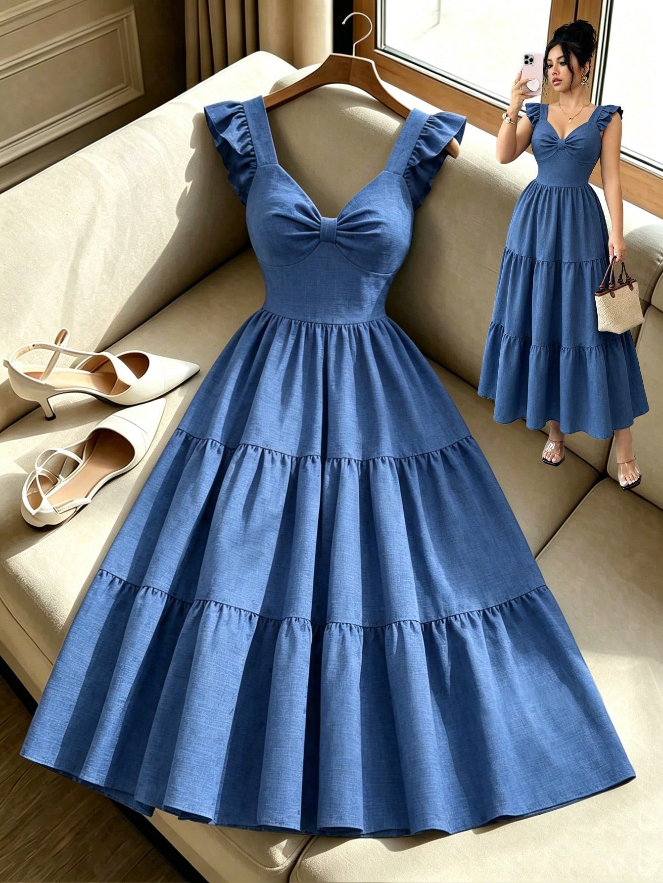 Elenzga New Woven Bamboo Linen Solid Color Cap Sleeve Elegant Vacation Spring Summer Back Tie Design Youthful Casual Women's Mid-Length Dress