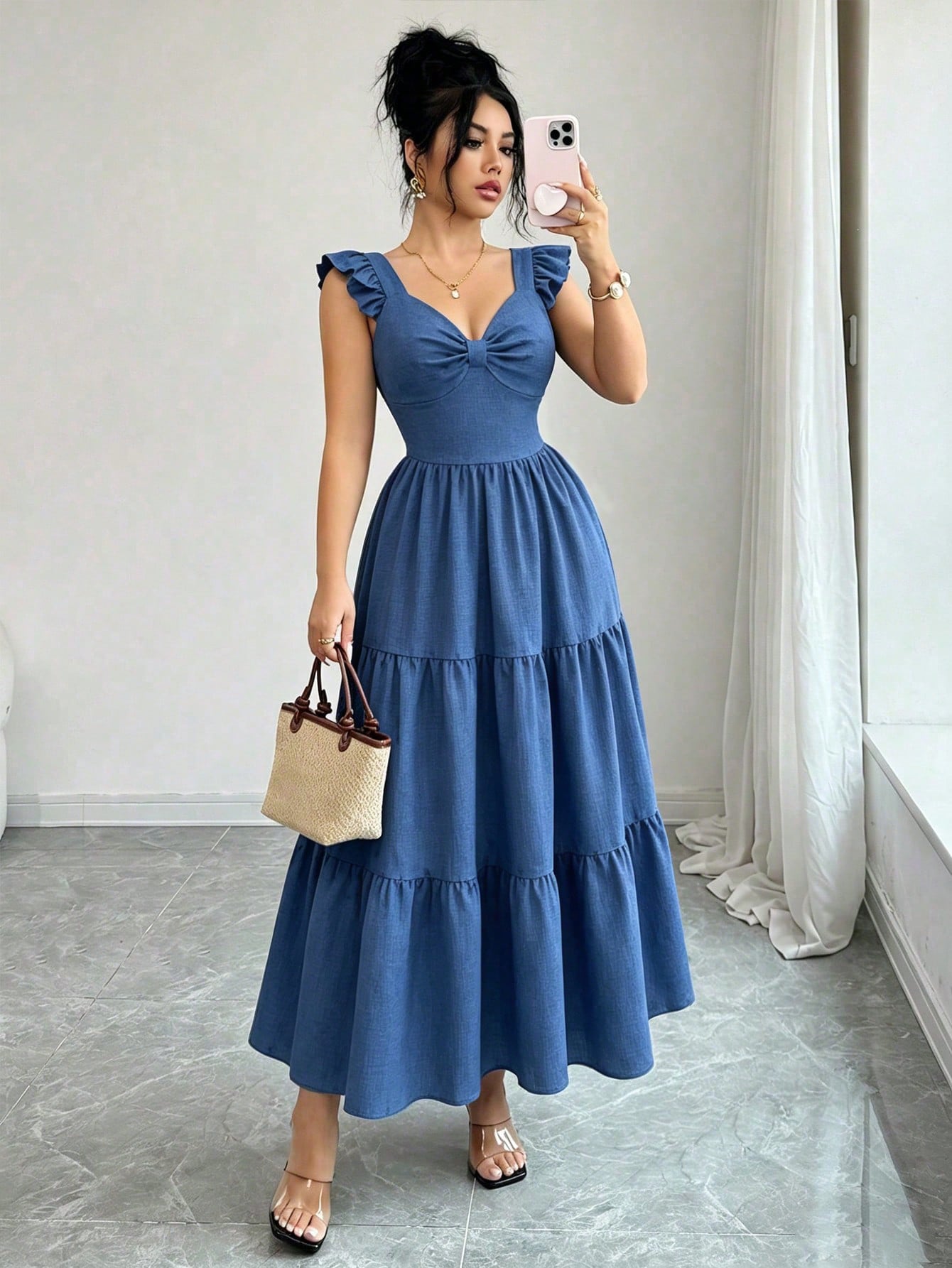 Elenzga New Woven Bamboo Linen Solid Color Cap Sleeve Elegant Vacation Spring Summer Back Tie Design Youthful Casual Women's Mid-Length Dress