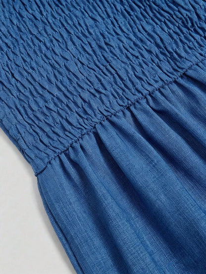 Elenzga New Woven Bamboo Linen Solid Color Cap Sleeve Elegant Vacation Spring Summer Back Tie Design Youthful Casual Women's Mid-Length Dress
