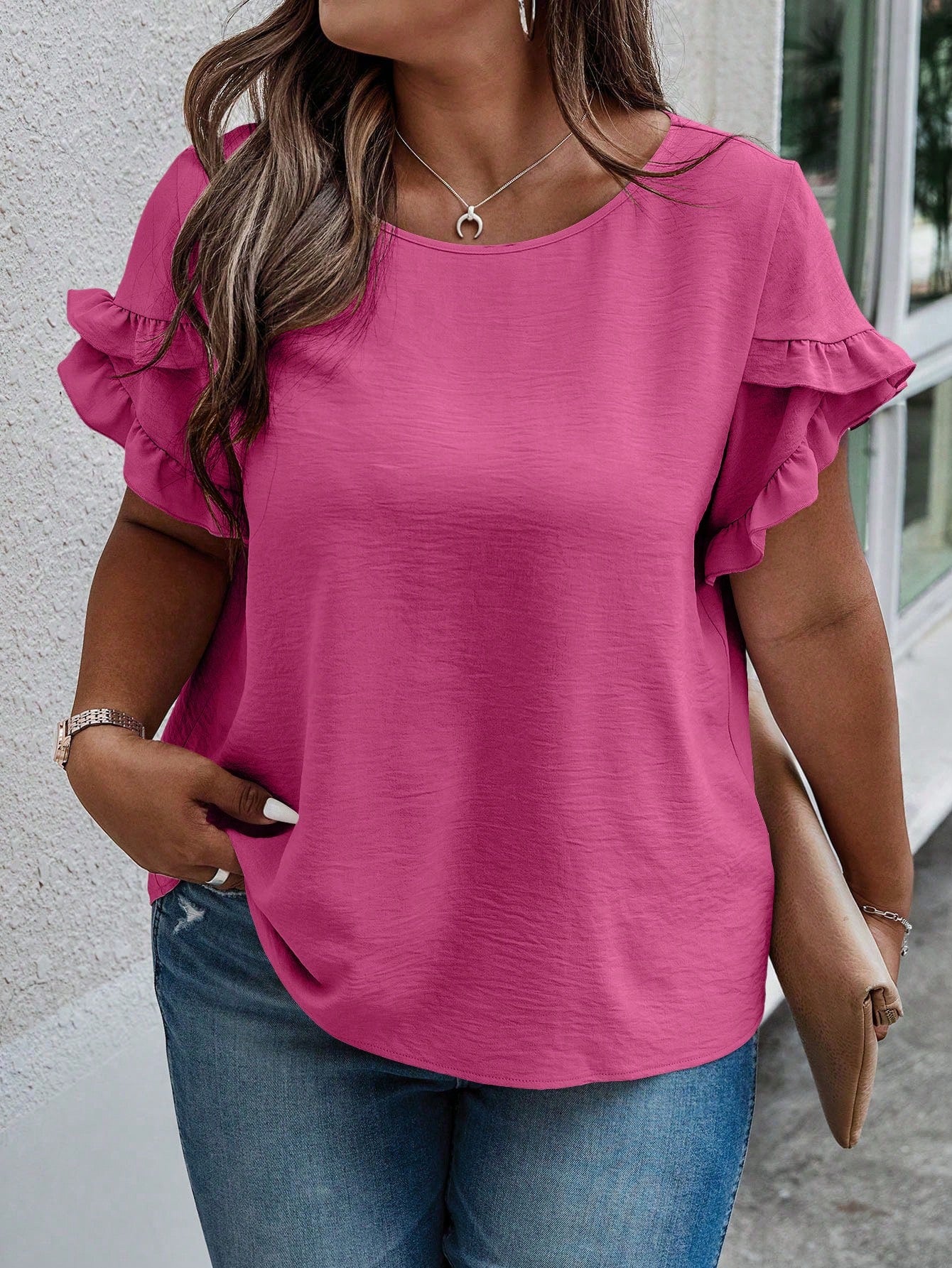 Elenzga Plus Ruffle Trim Petal Sleeve Blouse