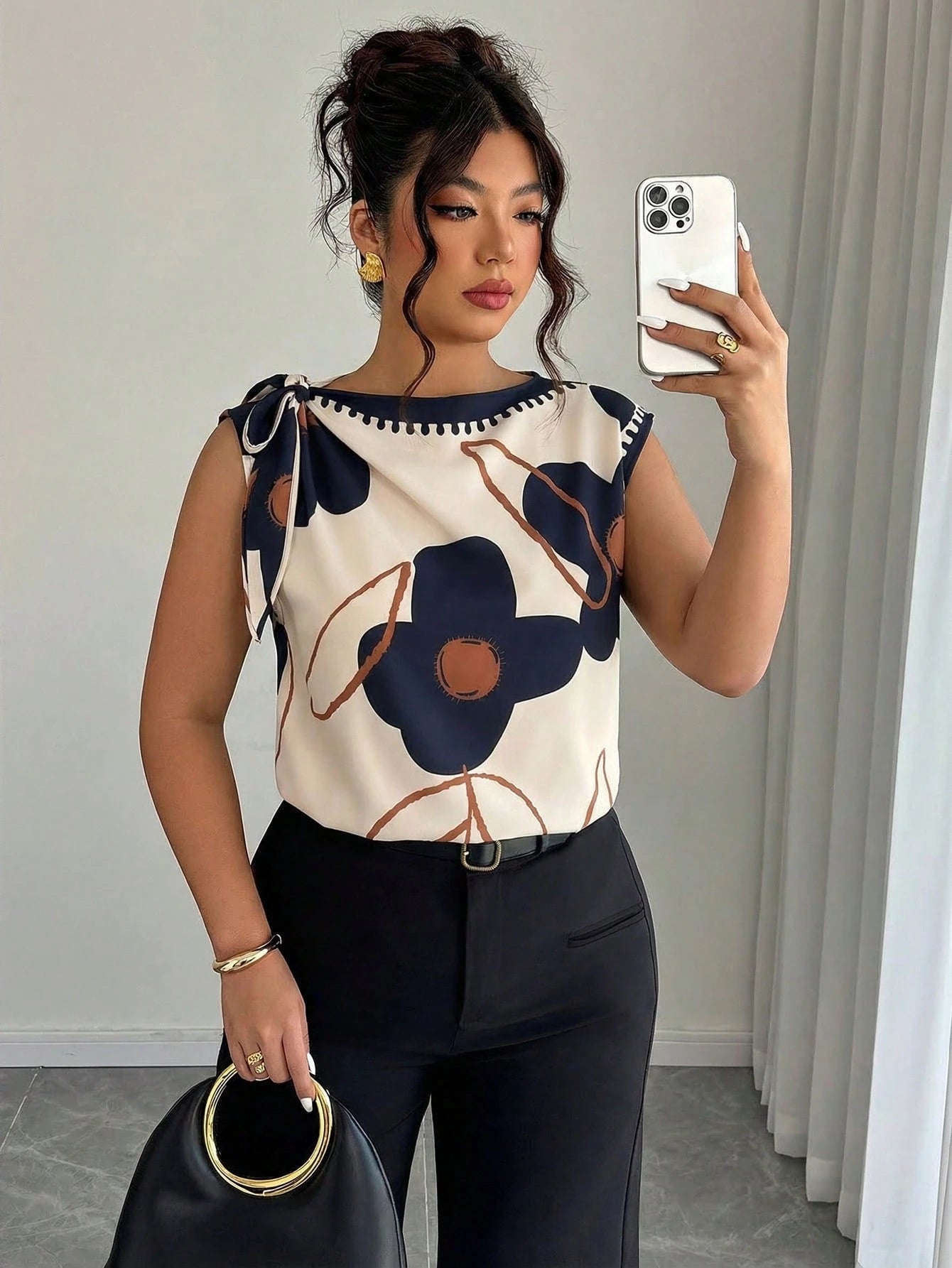 Elenzga Plus Size Women's Spring/Summer Solid Color Floral Print Tie Shoulder Blouse, Suitable For Casual, Fashion Street Style, And Office Wear Chic